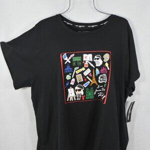 Karl Lagerfeld Women's Blouse 3X Black Paris Icons Print T-Shirt Top Shirt